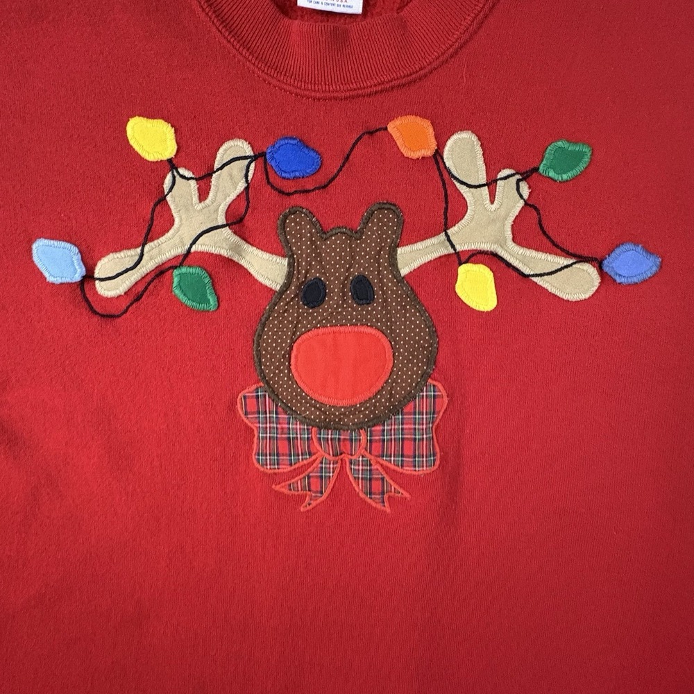 VTG Jerzees Unisex L Red Christmas Reindeer Lights Applique Sweatshirt USA - Picture 5 of 16